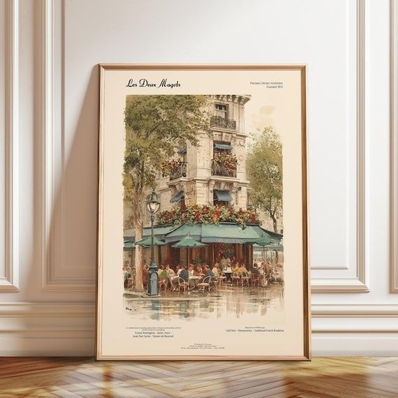 Gerahmtes Vintage-Bild eines Pariser Cafés mit grünen Markisen