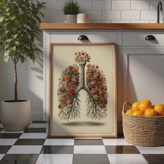 Botanische Lungenillustration mit Blumen in einer hellen Küche